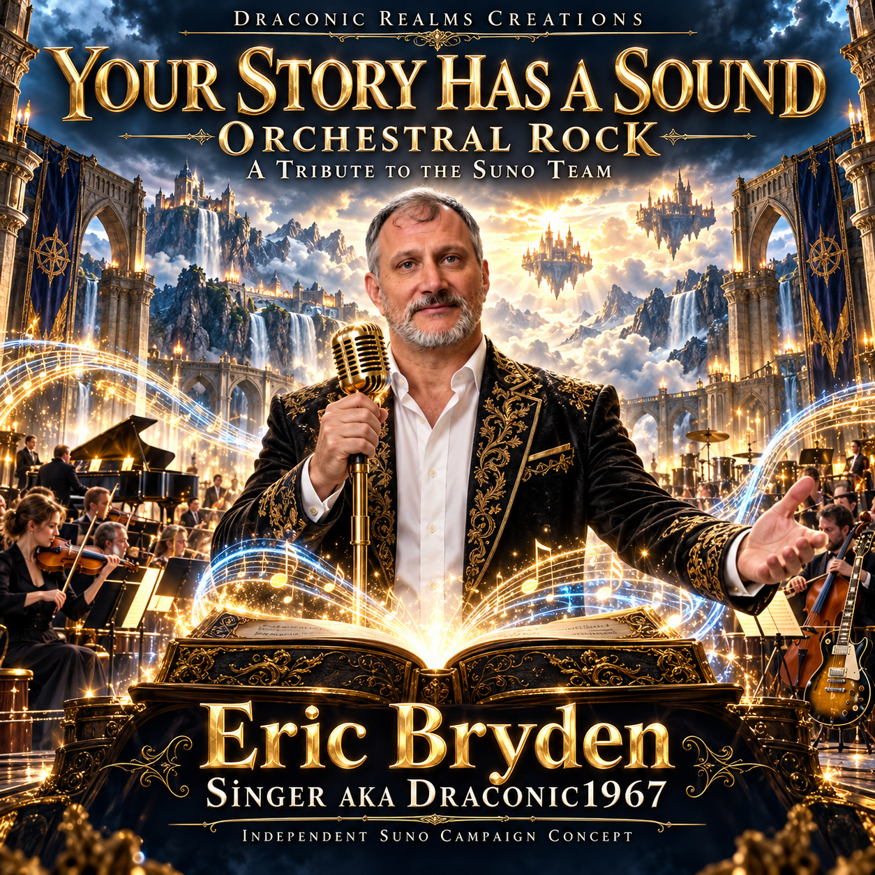 Orchestral Rock cover for “Your Story Has a Sound” with an orchestral setting, sweeping light, and epic scenery.